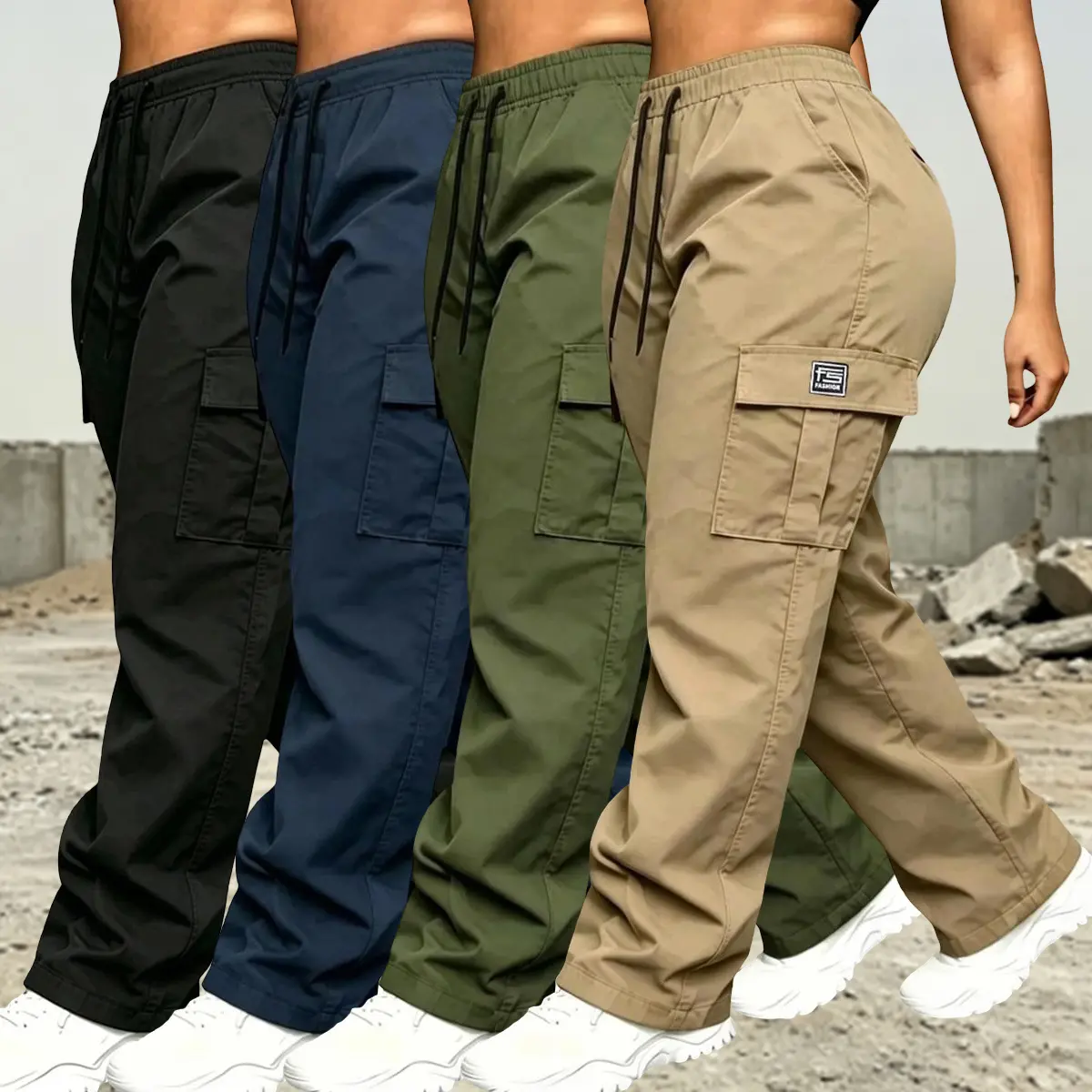 Women’s solid-color cargo pants, 4-pack, featuring an elastic waistband for a comfortable fit and practical pockets for convenient storage. Perfect for everyday casual wear, outdoor outings, and work; suitable for all seasons. Women’s apparel, women’s car