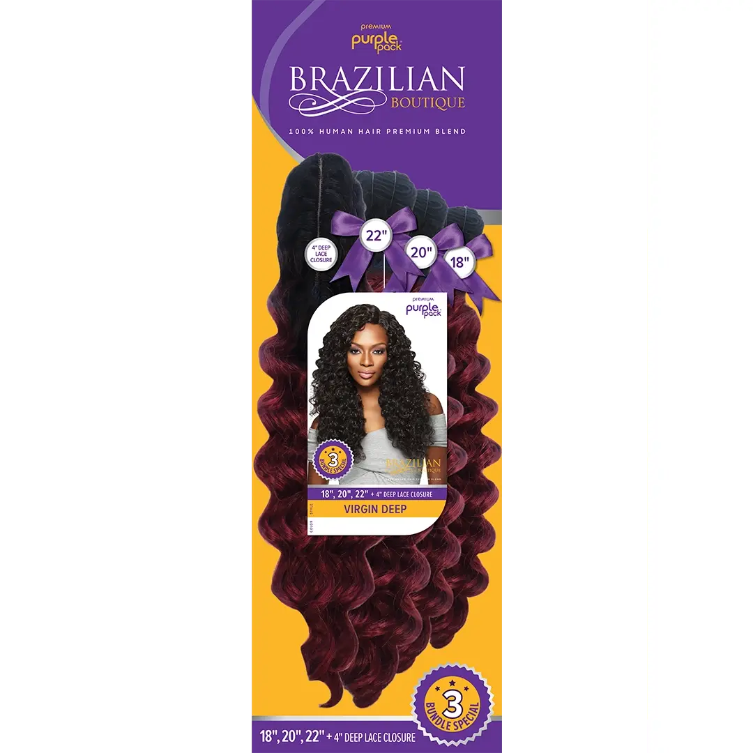 Purple Pack Brazilian Boutique 3 BUNDLE + Closure Virgin Deep 18" 20" 22"