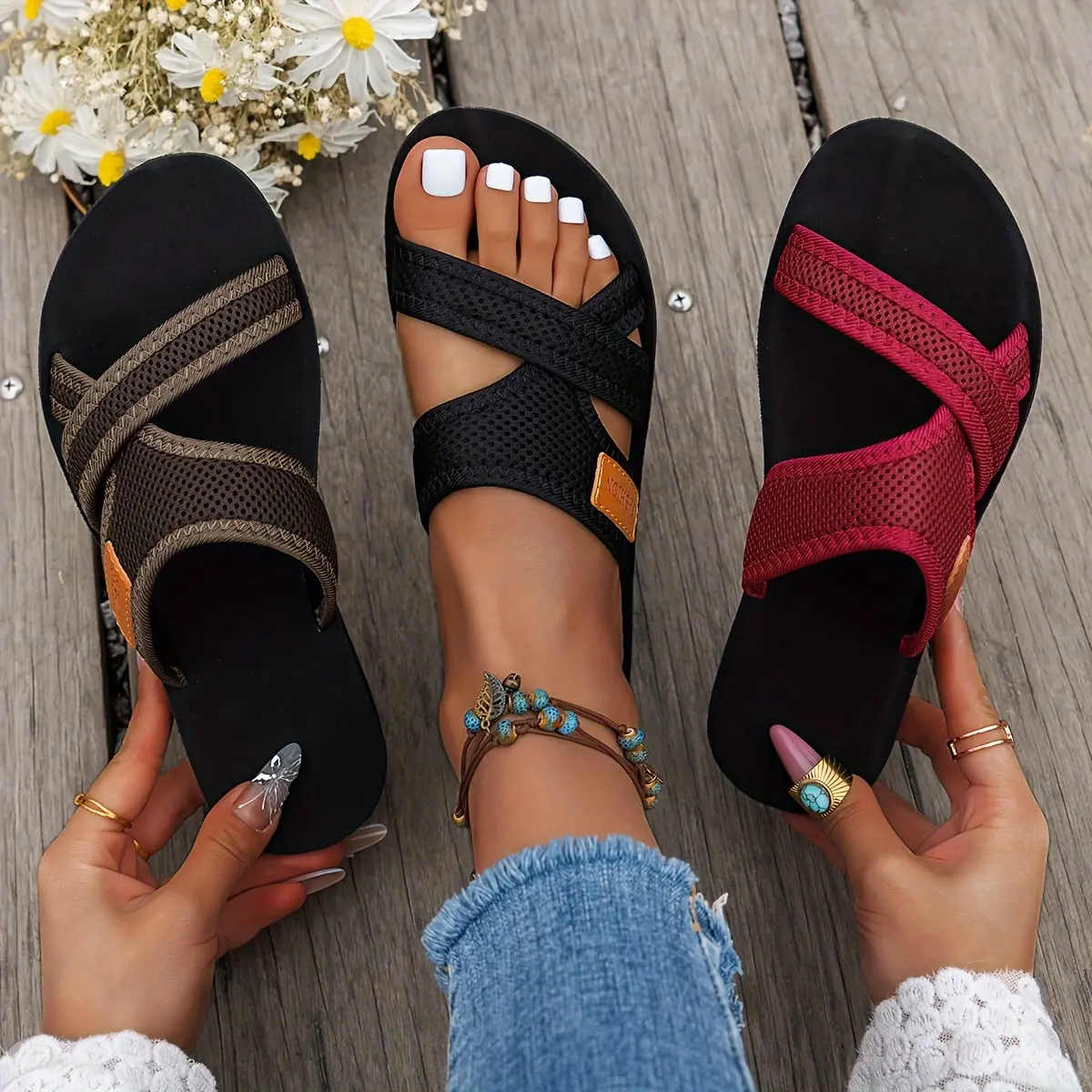 [Breathable Mesh Sandals] Comfortable Breathable Women's Mesh Slide Sandals - Lightweight Open-Toe Flat Shoes with Crisscross Straps, Casual Indoor & Outdoor Wear, Strappy Sandals in Black/Brown or Red/Black Girl Footwear Summer Ballroom Design Parent