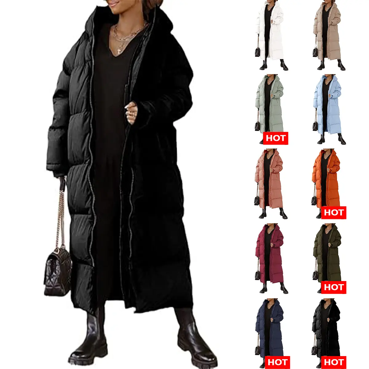 TANKANEO Women's Long Quilted Puffer Coat, Hooded Casual Maxi Winter Garment with Long Sleeves and Zipper Pockets, Tops