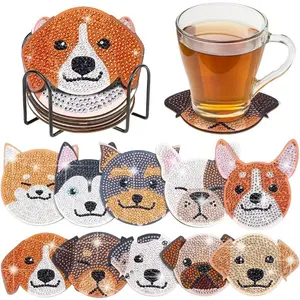 10-piece set of diamond painting kit coaster puppy pattern wooden material with bracket, some inlaid with round crystal gemstone embellishment can be used as a non-slip home water cup, holiday gifts Diamond Painting Coasters