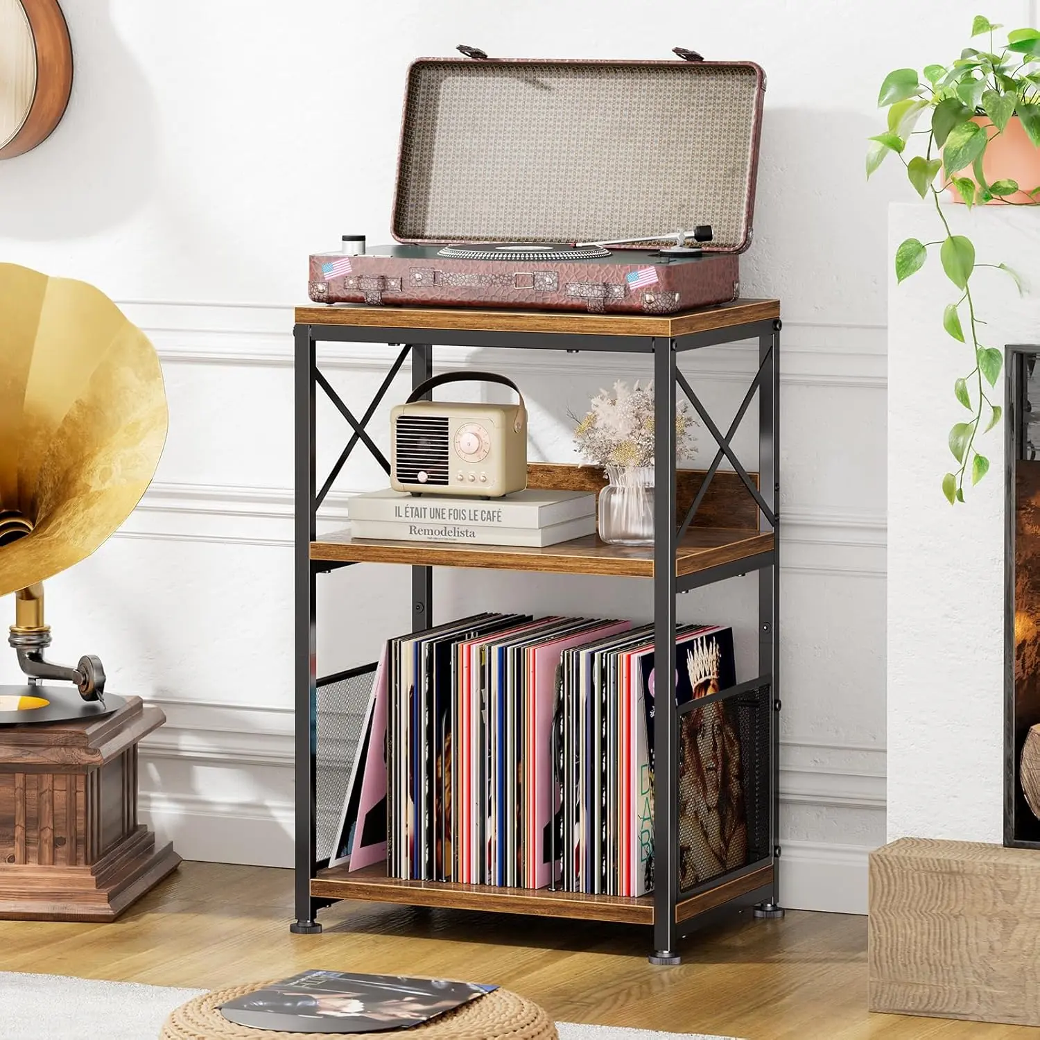 Simple Trending Record Player Stand, Turntable Stand with Vinyl Storage Holds Up to 200 Albums, Record End Table for Living Room, Rustic Brown