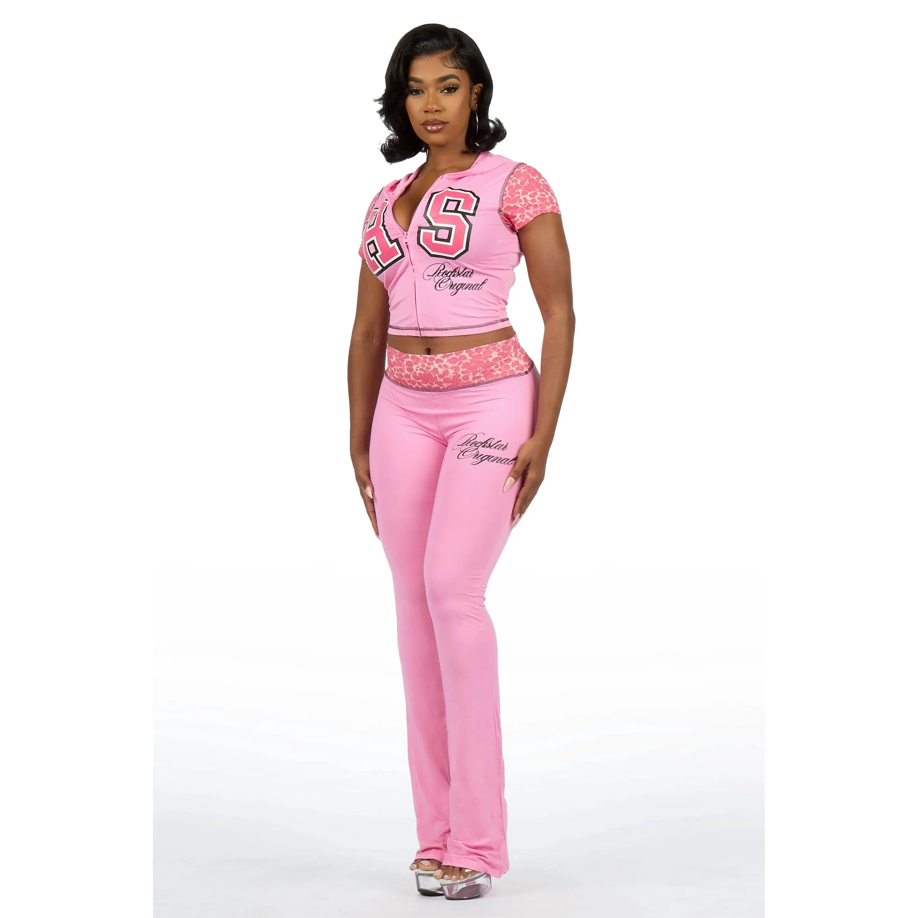 Kateya Pink/Cheetah Short Sleeve Zip Up Track Set