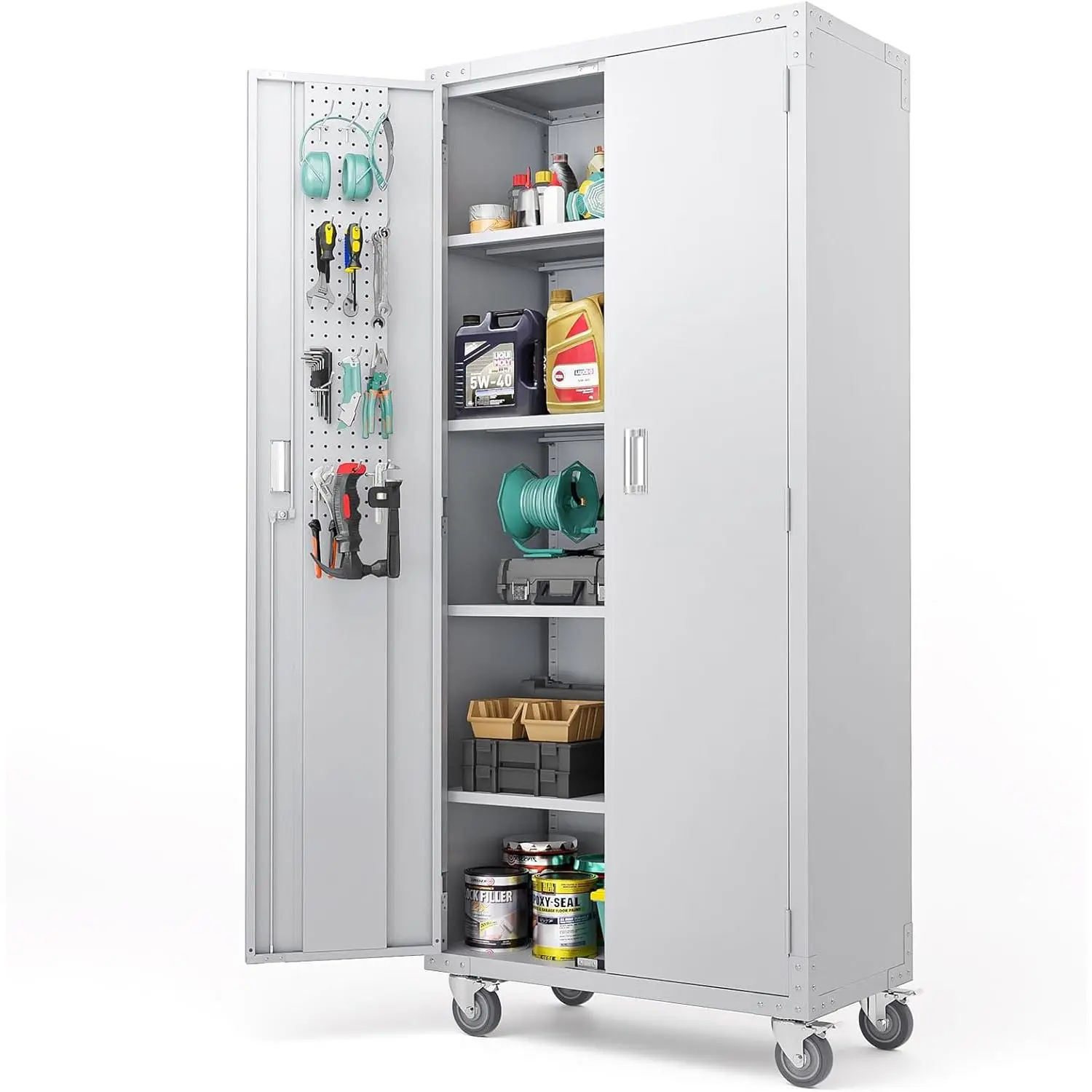 VINGLI Metal Garage Tool Storage Cabinet - 72''H x 32''W x 16''D Gray Lockable Tool Storage with Wheels, Locking Doors, Adjustable Shelves