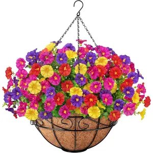 Artificial Hanging Plants Flowers Basket for Spring Summer Outdoor Decor, Artificial Hanging Baskets, Fake Hanging Flowers Faux Silk Morning Glory UV Resistant for Patio Yard Porch Garden Decorations, Mixed Color