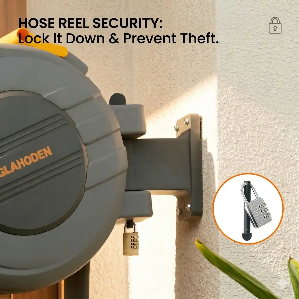 【summerfinds】GLAHODEN Retractable Hose Reel, Max 130 FT / 115 FT / 100FT / 65FT Garden Water Hose Reel with 9-Pattern Nozzle, 180° Swivel Bracket Wall-Mounted, Automatic Rewind, Lock at Any Length, with Slow Return System，Optional Metal Bracket