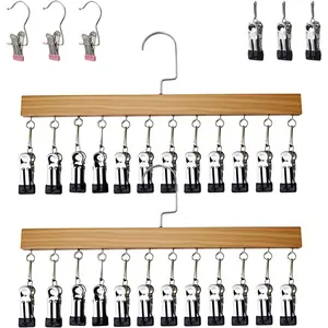 Wooden Pants Hangers with 12 Clips, 2-Pack 360 °   Rotating Hook Closet Organizer with 3 Spare Clips & 3 Extra Clothespins, Space-Saving Hanger for Pants, Skirts, Hats, Socks (Wood Colour-12 Clip)