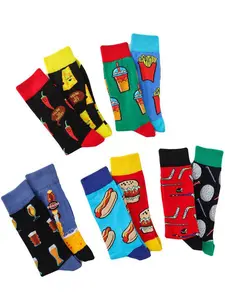 Men's 5 Pairs Cartoon Food Print Crew Socks, Colorblock Casual Comfortable Breathable Mid-calf Socks for Daily Wear, Men's Socks for All Seasons, Stocking Stuffers, Sock Set, Casual Stylish Socks