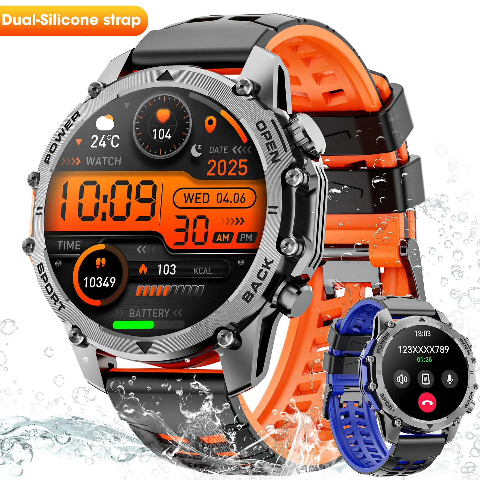 Men's Fitness Smartwatch, 1.52-inch round HD display, supports Bluetooth calls, fitness tracking, heart rate monitoring, and over 120 workout modes. IP68 water-resistant smartwatch, compatible with Android and iOS. Accessories, Gifts