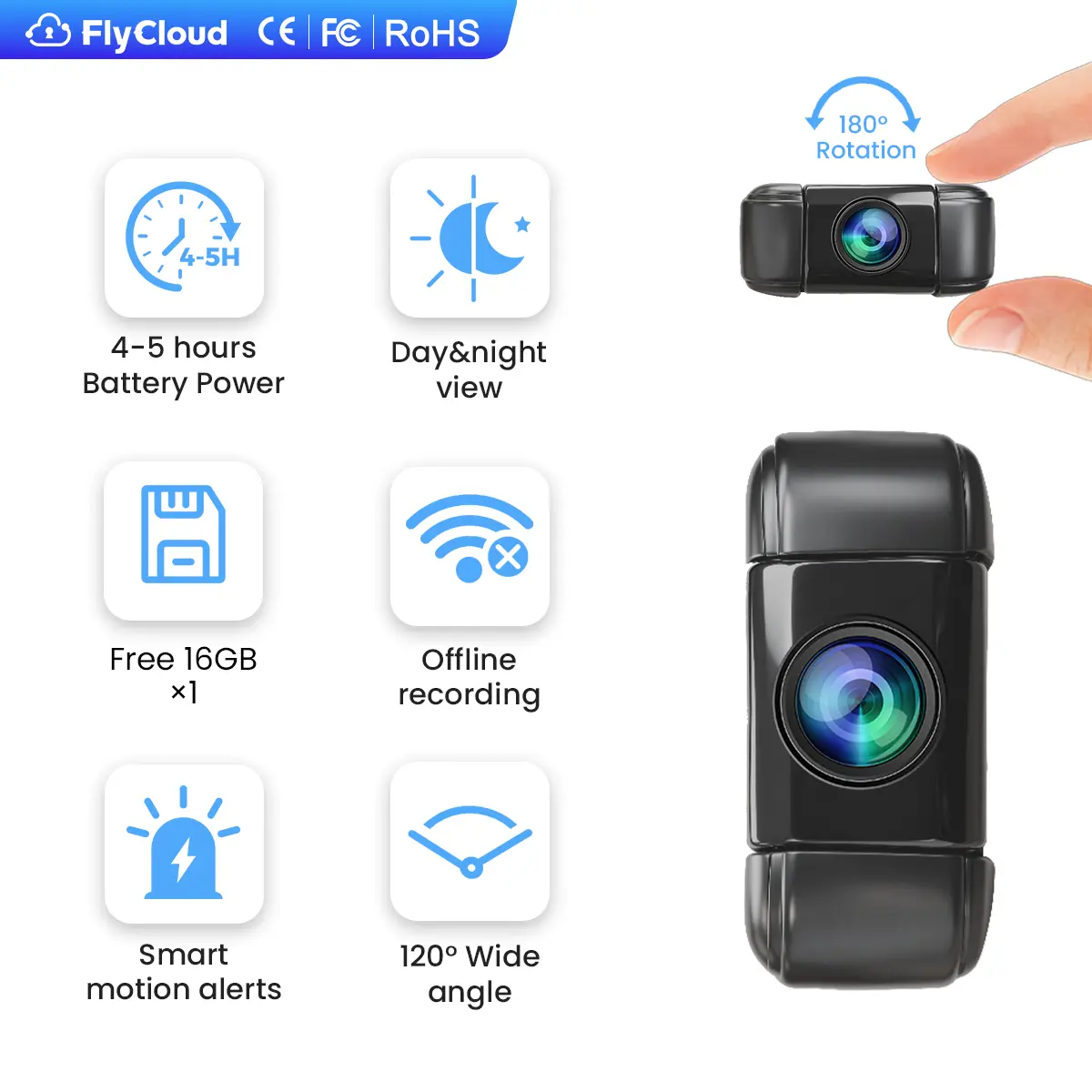 FlyCloud seven 1080P Portable Body Camera with 16G TF Card, 1900mAh Long Battery, 120° Wide Angle, Bluetooth APP Control, AI Motion Detection, Infrared Night Vision (Max 128GB Support) for Sports, Work summerwins