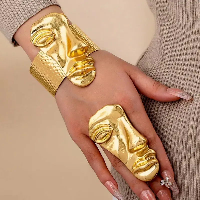 Abstract Mask Design Bracelet, Ring, and Bangle Set, Women's Fashion Jewelry, Large Metal Rings, Elegant Jewelry Set, Fashionable Jewelry Set, Stylish Accessories, Jewellery