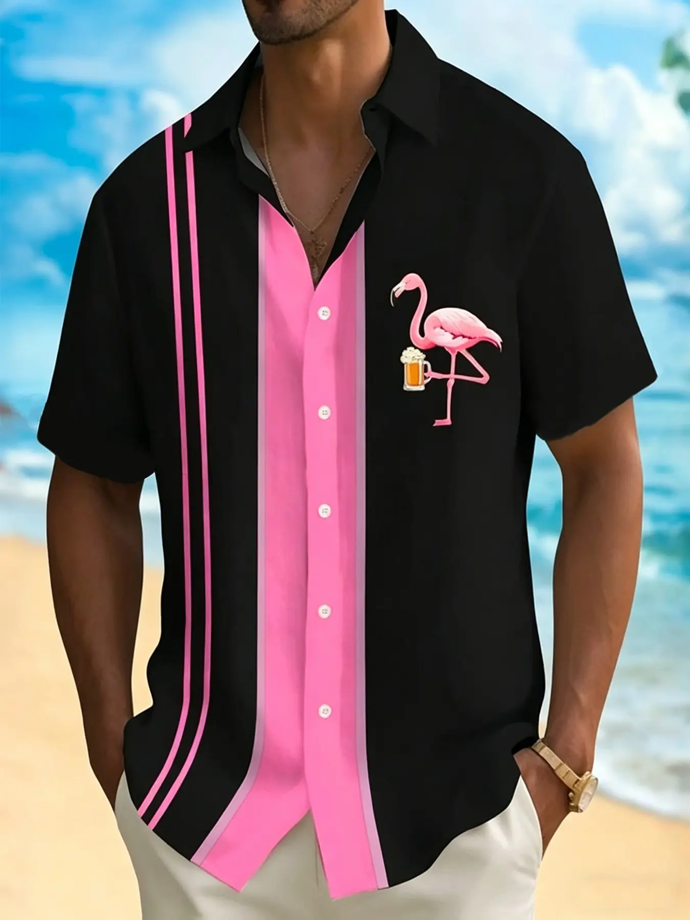 Men's collared black tropical flamingo-pattern bowling shirt - Aloha shirt - Short-sleeved Hawaiian vacation casual fashion shirt - Casual Party Shirt