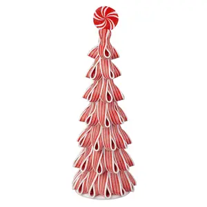 Ribbon Peppermint Candy Christmas Tree Tabletop Decoration, Red and White, 13.5"