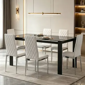 Modern Glass Dining Table Set of 7 (1 Table + 6 Chairs), Small Space Solution for Kitchen & Living Room, Easy Clean Black & Light Gray