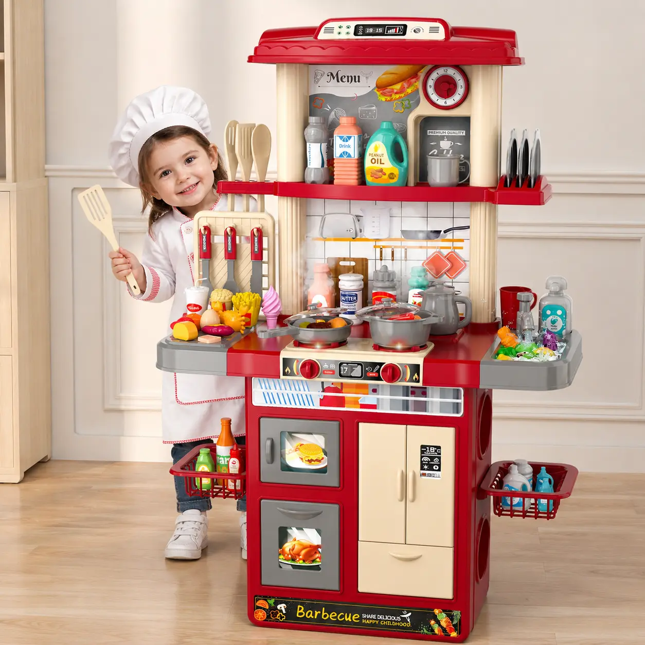 Unisex BPA-Free Latex-Free Plastic STEM Learning Kids Kitchen Playset for Boys Girls, 58PCS with Real Lights/Sounds, Spray Sink, Pretend Food Accessories for Ages 3+ (Children Development Focus)