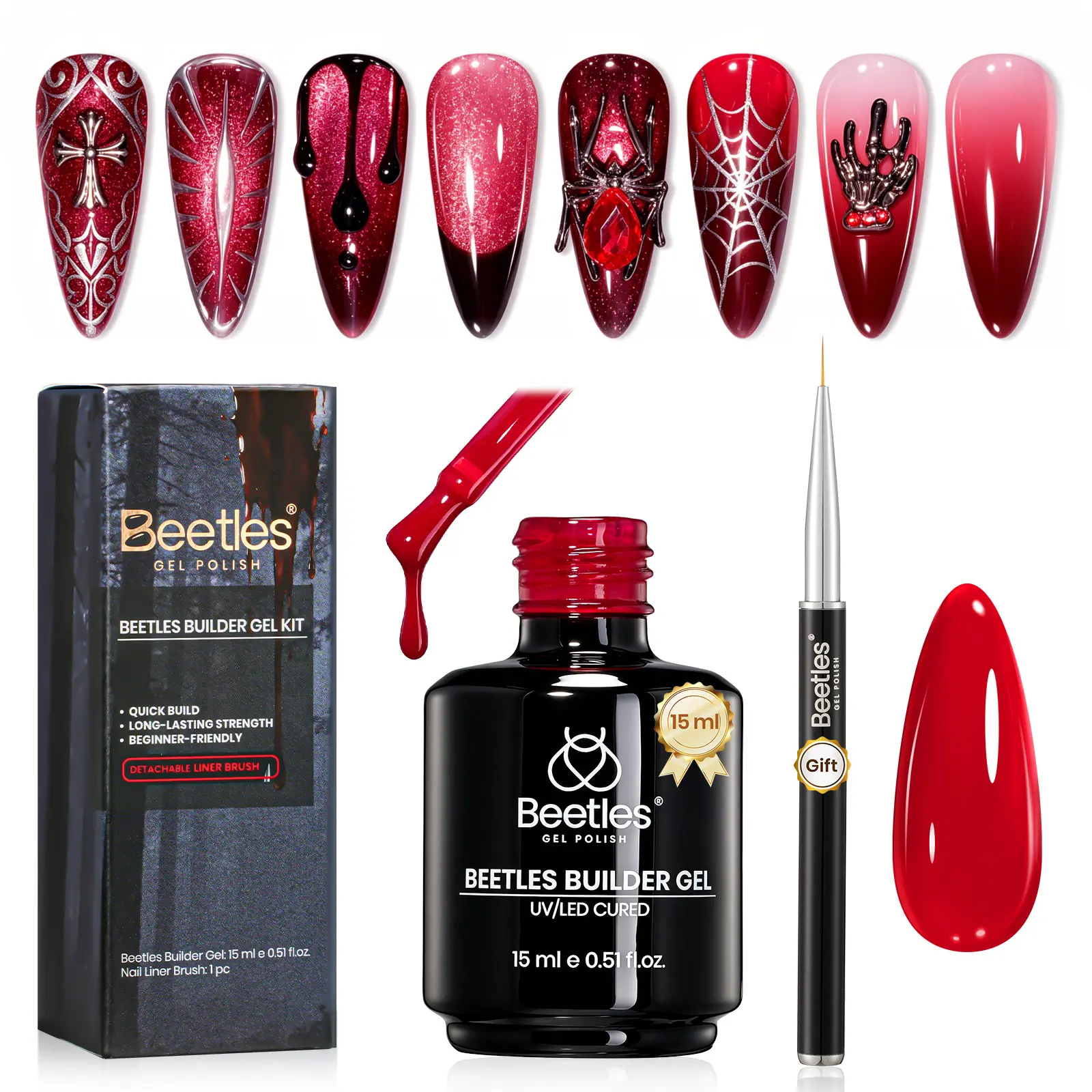 Beetles Builder Gel Nails Kit HEMA & TPO-Free, 8 in 1 Red & Nail Brush | for Nails Thickening Instant Apex & Short Extension, Beginner Friendly DIY Salon at Home, UV LED Lamp Cured, Crimson Whisper