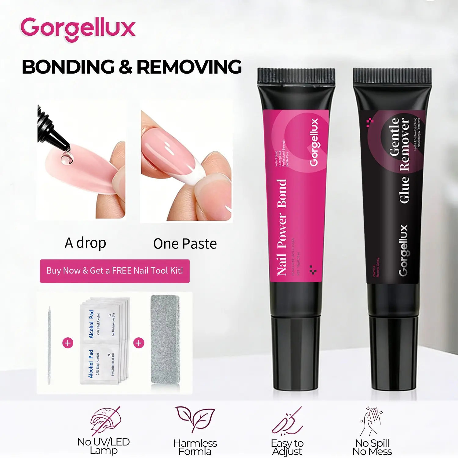 Professional False Nails Glue and Remover Kit, 2-in-1 Long-Lasting 30+ Day Hold Nail Bond with Gentle Plant-Based Remover, No Bubbles Quick Bonding Adhesive for Press On & Fake Nails, for DIY Nail Art, Home Nail Art