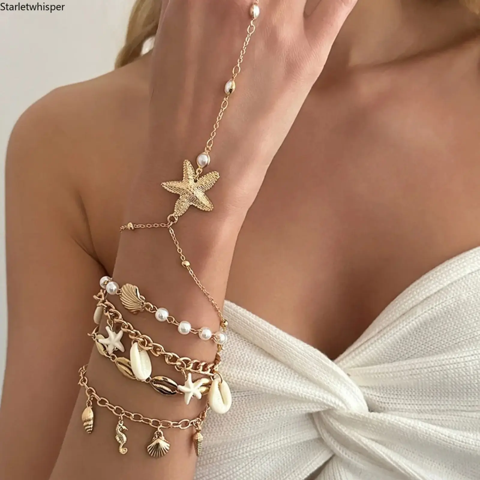 5Pcs Tropical Ocean Jewelry Set, Starfish Shell Seahorse Pendant Ring & Bracelet, Imitation Pearl Chain Wristband, Boho Vintage Beach Accessories for Women, Perfect for Vacation Travel Daily Wear & Holiday Gift