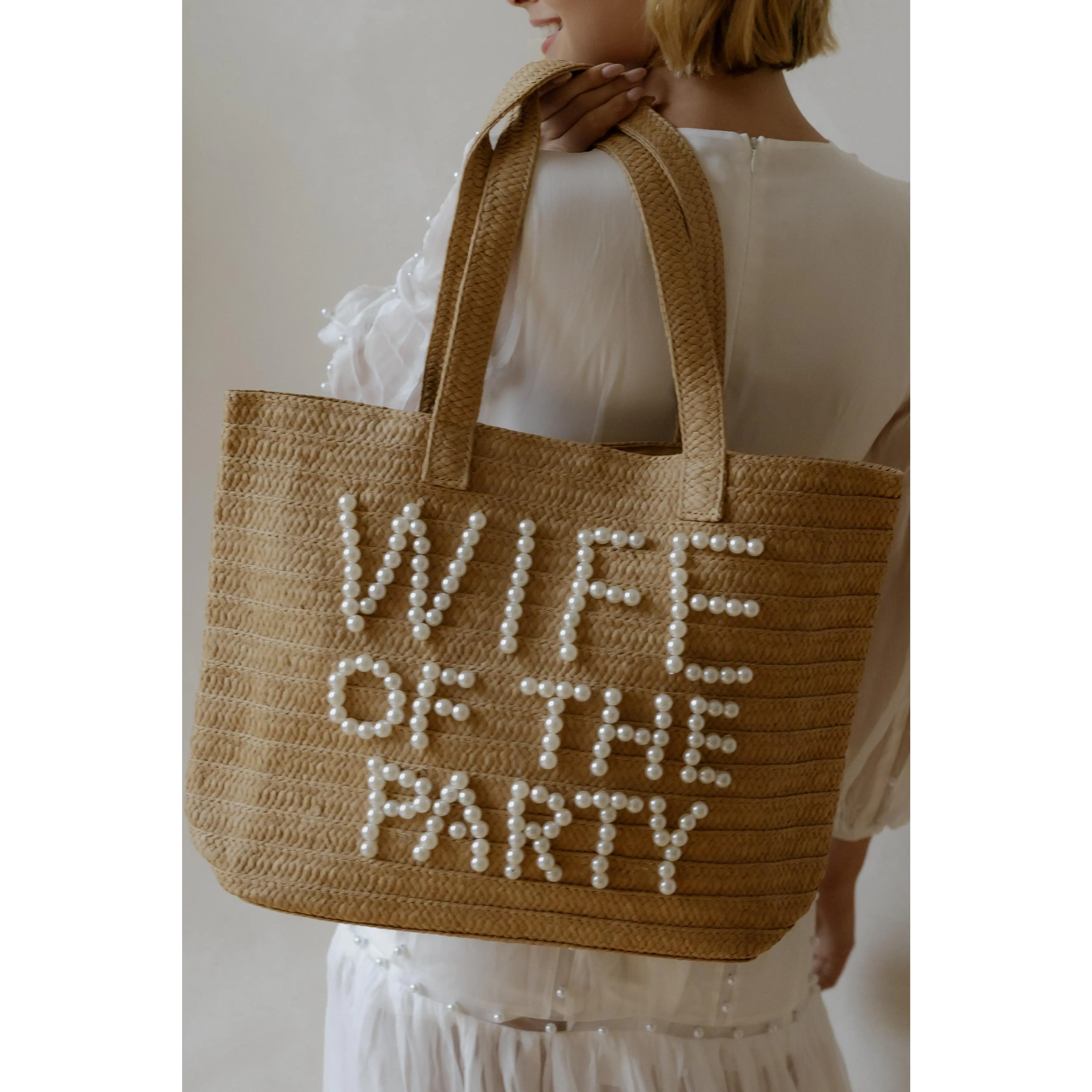 Bach Party Pearl Tote - Handmade Natural Straw Bachelorette & Beach Day Tote with Pearl Lettering for Bride