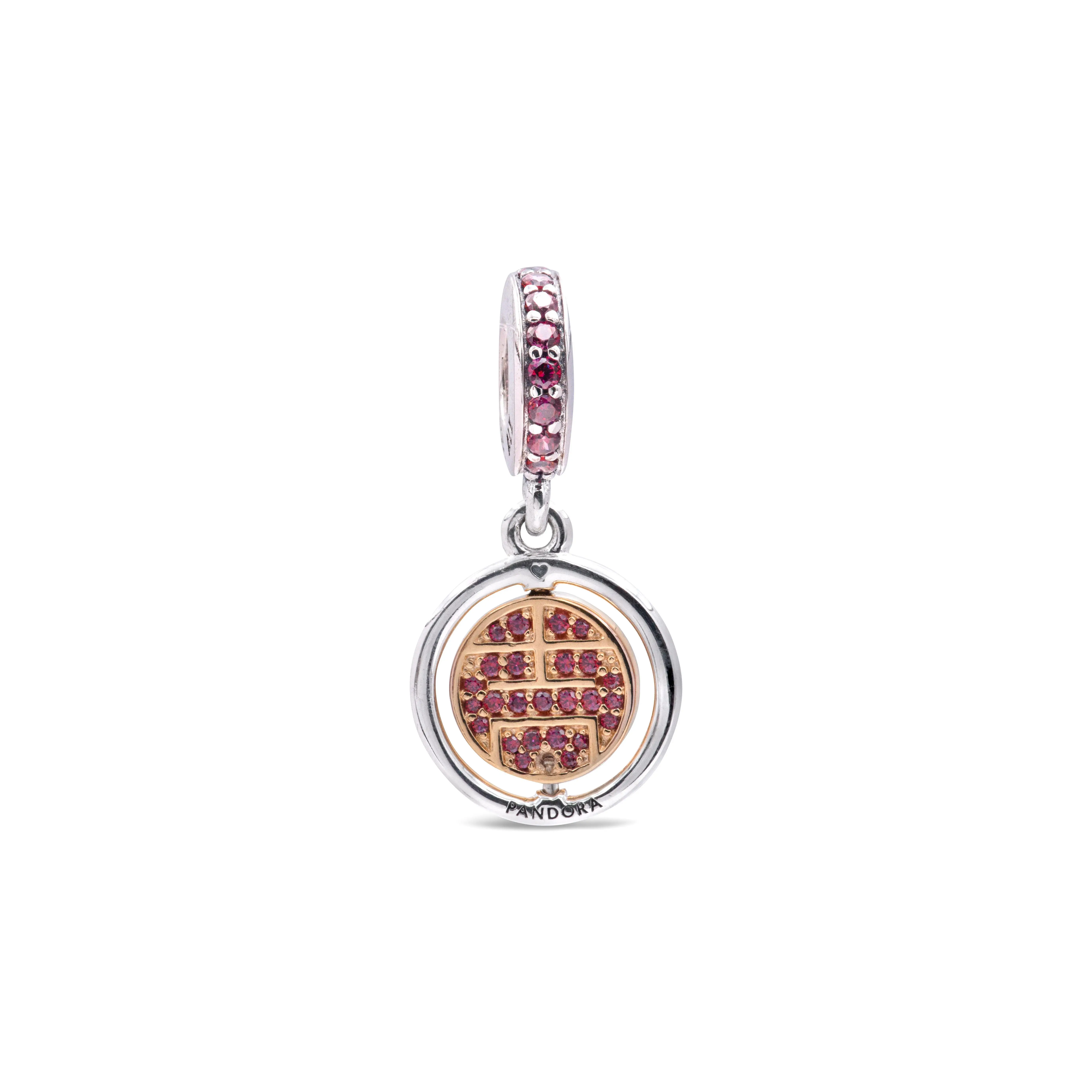 Pandora Hand-Finished Spinning Disc Lucky Dangle Charm 769282C01 - Papercut-Inspired Red Stones Charm, Chinese New Year Fashion Accessory for Women