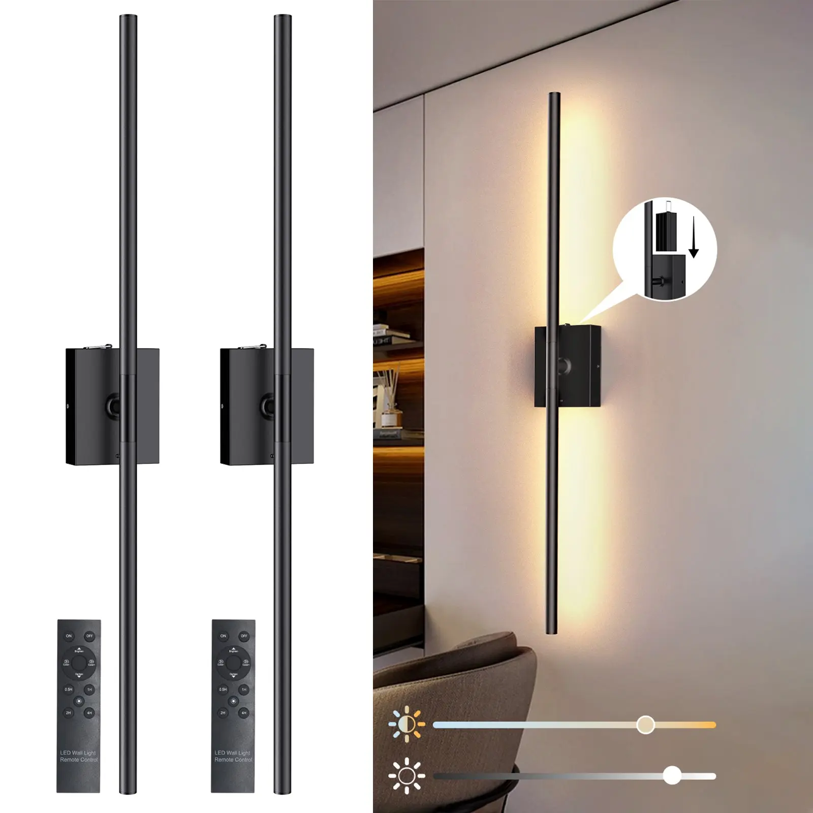 31.5" Wall Sconces Lights with Rechargeable Battery 360° Rotation 2-Pack