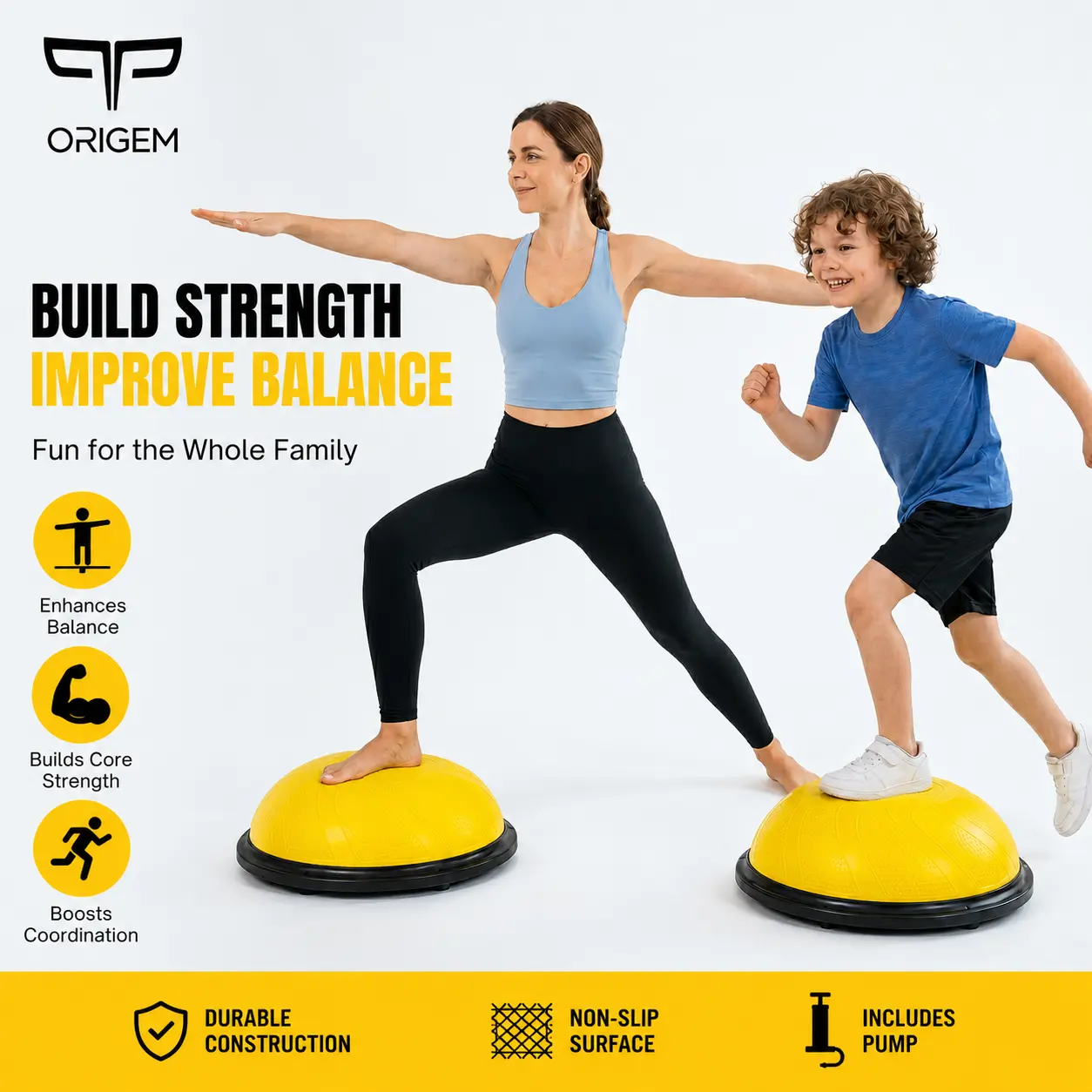Origem Bosu Ball Balance Trainer – Stability Ball Workout Equipment for Home, Enhancing Balance, Focus, Physical Coordination; Ideal for Family Fitness, Children's Sensory Integration Training