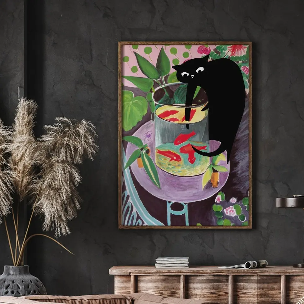 Goldfish With Cat Poster , Funny Cat Print, Black Cat Poster