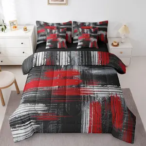 Red Black,Grey 7 Piece Bedding Set,Abstract Graffiti Art Bed in a Bag,Modern Brush Design Bedding Sets