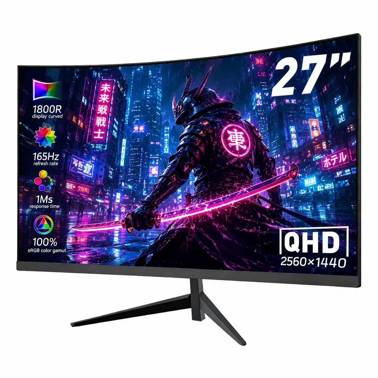 27” 2K QHD Curved Gaming Monitor, 165Hz 1ms Fast IPS, 128% sRGB HDR Low Blue Light, DP HDMI, VESA Mount Metal Stand for PC Gaming