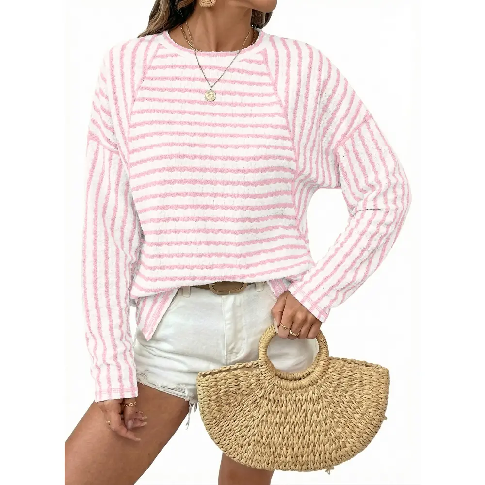 Dokotoo Womens Blouse Long Sleeve Striped Crew neck Cuff Ribbing Casual Knit Pullover Tops