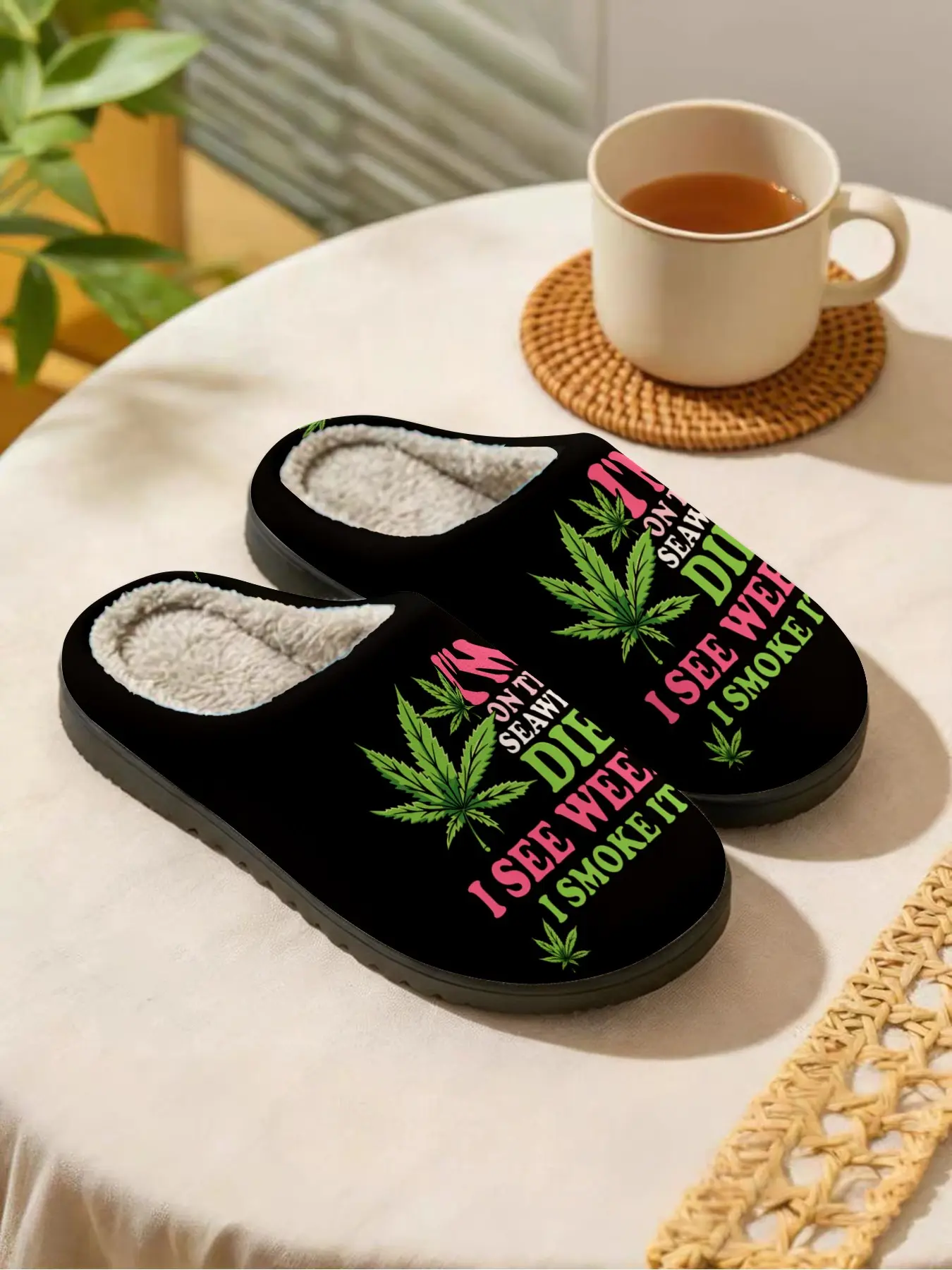 🍃 Weed Leaf Letter Print | Fun Street Style | 1 Pair | Plush Warm Thick Non-Slip | House Slippers | Indoor Slipper | Bedroom Slippers | Fashionable Soft Slippers | Unisex Home Wear | Warm Home Shoes | Footwear