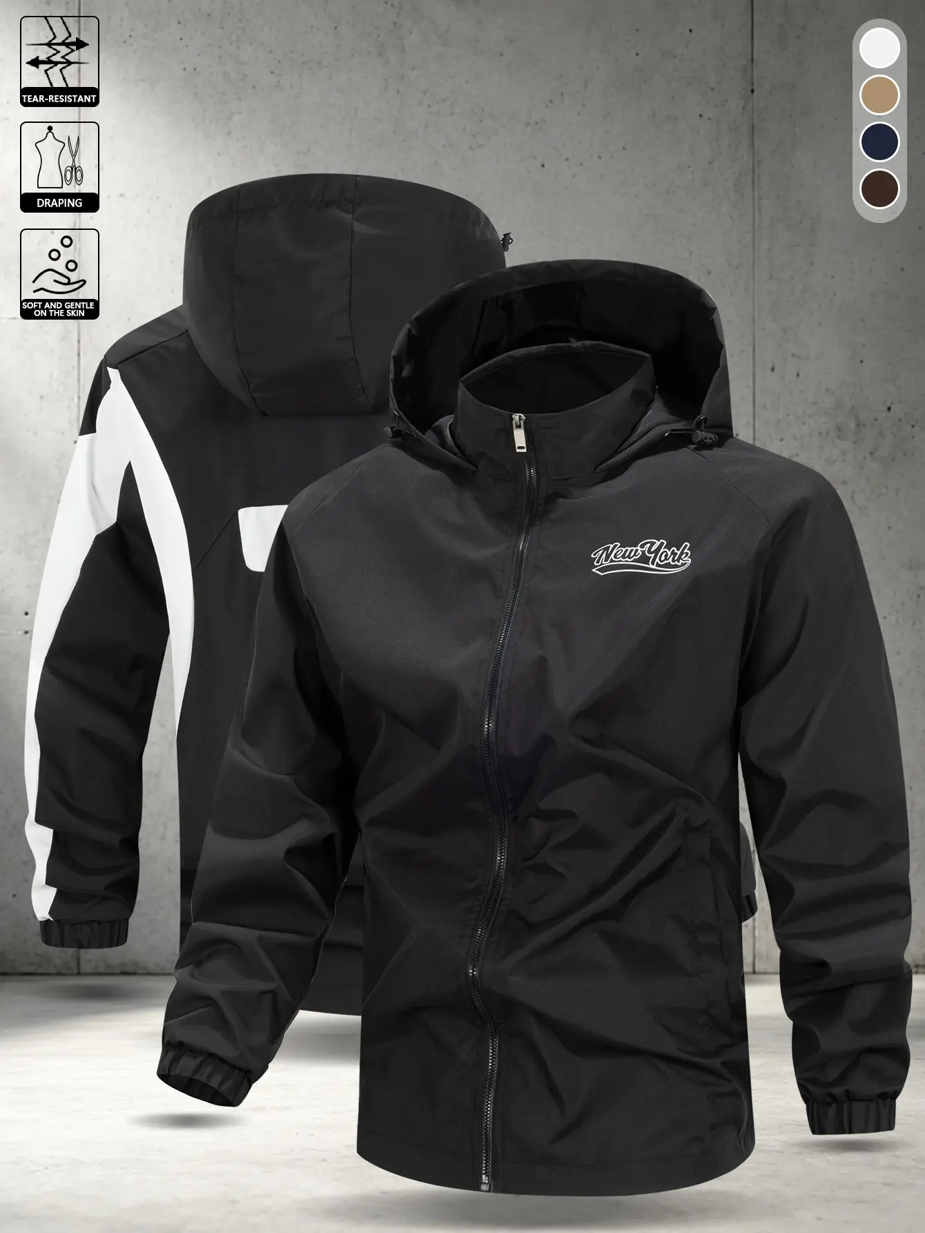 Men’s windproof, water-repellent hooded jacket made from comfortable fabric, featuring a two-tone sleeve design and New York print. Full-zip closure with elastic cuffs and adjustable drawstrings. Lightweight casual windbreaker suitable for camping, sports