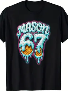67 Meme Merch Store Boys' Mason 67 Ice Cream Drip Graphic T-Shirt - with & Orange Lettering, Relaxed Fit Short Sleeve Casual Summer Tee for Teen Boys & Kids, Funny Viral Video Inspired Apparel (Sizes 130-160) - Breathable Round Neck Meme Shirt (3-13Y)