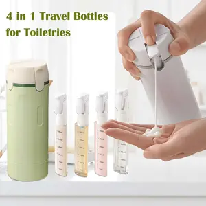 4 in 1 Travel Bottles for Toiletries - Refillable, Leak Proof, Portable Containers for Shampoo Lotion Conditioner Cream - Transparent with Scale and Label - for Business Trips Gym Camping