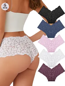 Women's Multi-Color Lace Low Waist Soft Panties 5 Pcs Set, Cute Bow Design, Comfortable, Elegant and Stylish Underwear, Perfect for Everyday Wear