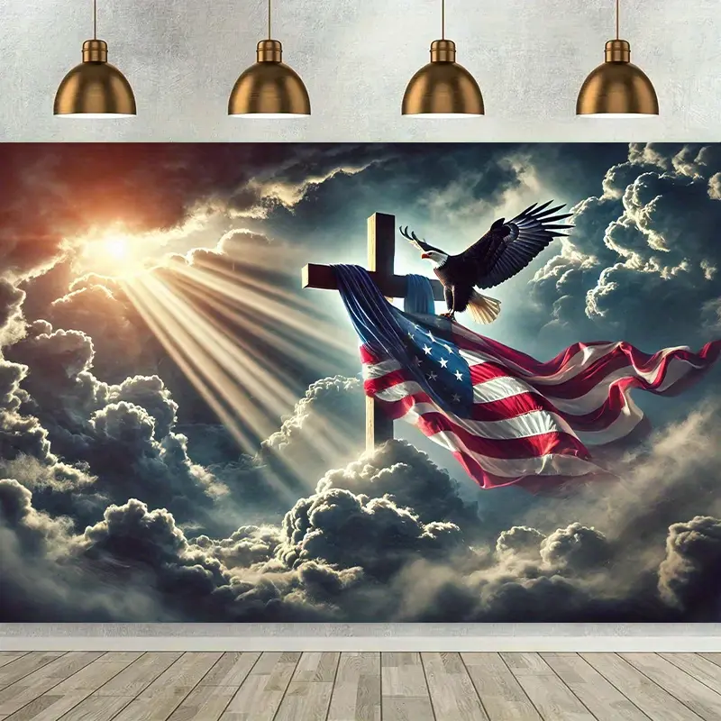 Neon,Nature,Bohemian,Sun,Patriotic Eagle American Flag Polyester Tapestry - 30in*40in/76cm*101cm, Religious Freedom & God Bless Artwork Print Tapestry, Home Outdoor Decor Backdrop, Holiday Gift, Artwork Print Tapestries