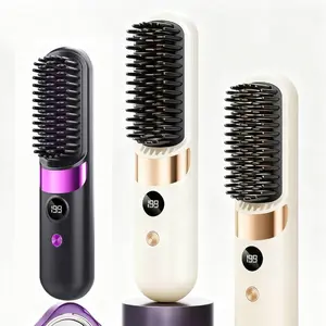 Portable Wireless Hair Straightener Comb Straightening Bristle Brush, 2-In-1 Curling Iron for Women, Adjustable Temperature, USB Charging, Safe Travel Gadget