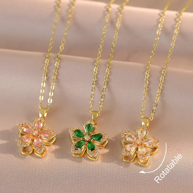 Women's Rotating CZ Flower Spinning Necklace, 14k Gold Plated Tarnish-Proof Jewelry with Clear, Green, Pink Cubic Zirconia Pendants, Romantic Gift for Her