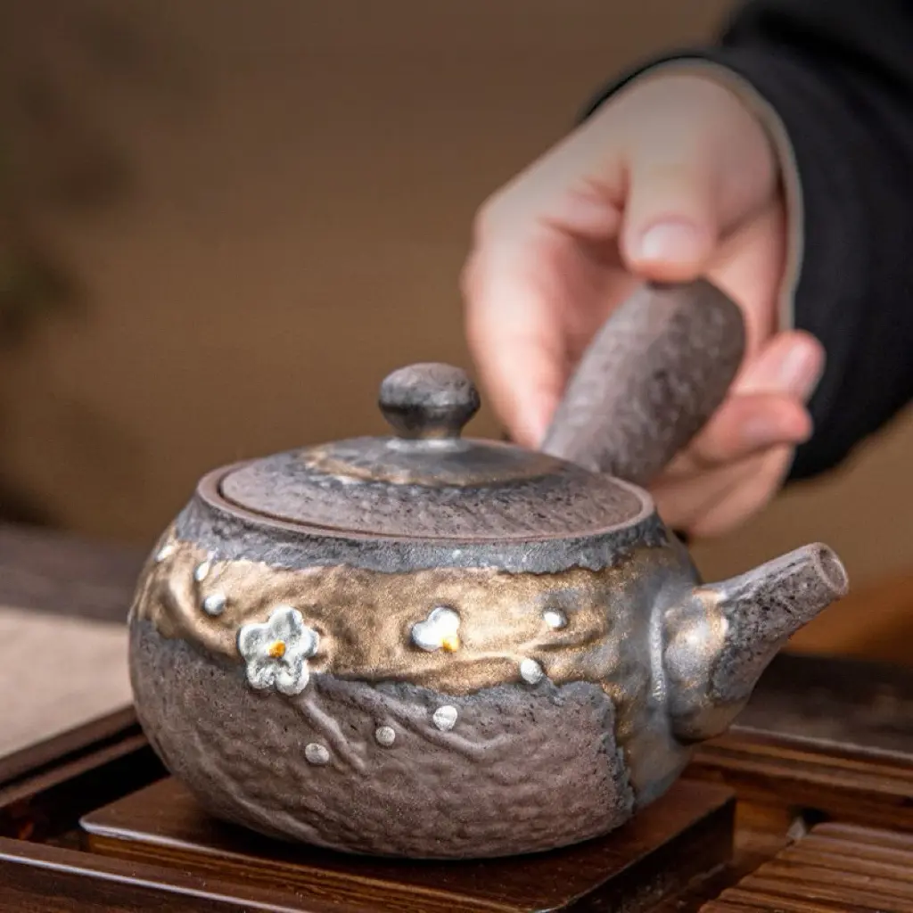 Handmade Coarse Clay Pottery Teapot - Traditional Side Handle, Heat Resistant Anti-Scalding, Retro Plum Blossoms Relief, Artistic Chinese Design, Kitchen Earthenware for Japanese Tea Ceremonies, Gongfu Brewing