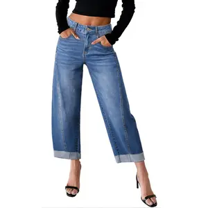 Sidefeel Barrel Jeans for Women High Waisted Wide Leg Baggy Stretchy Trendy Raw Rolled Hem Capri Cropped Ankle Denim Pants