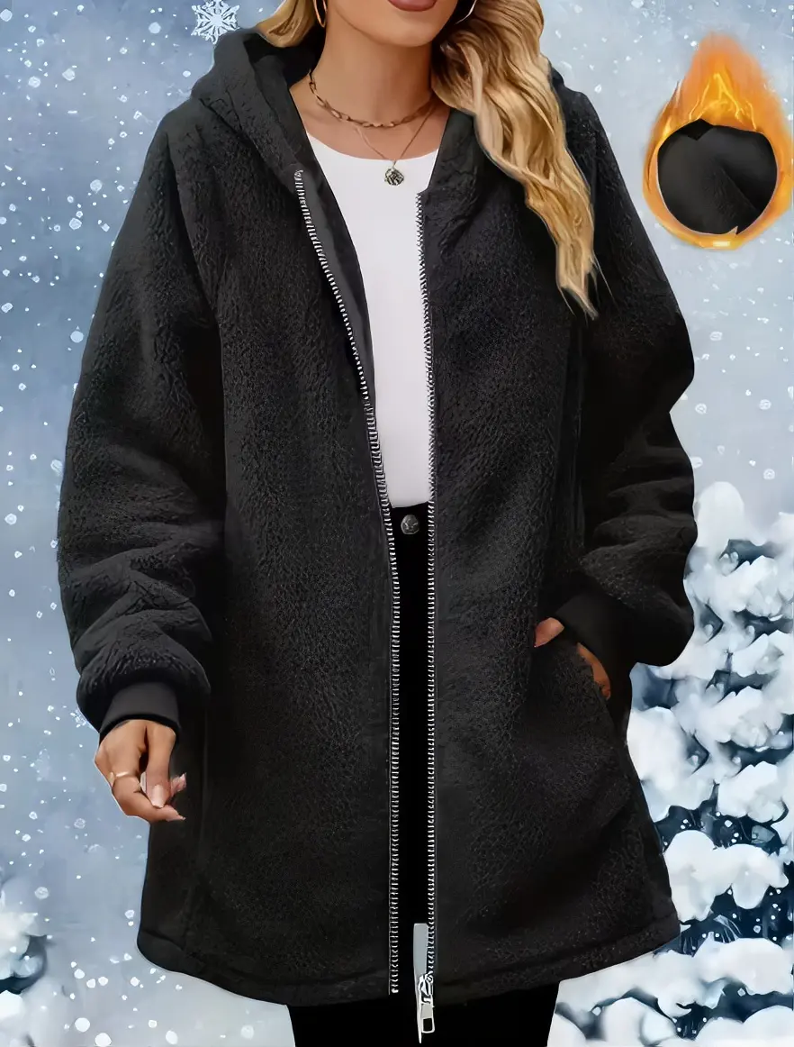 Cozy Olive Green Hooded Fleece Jacket with Zipper and Pockets for Women