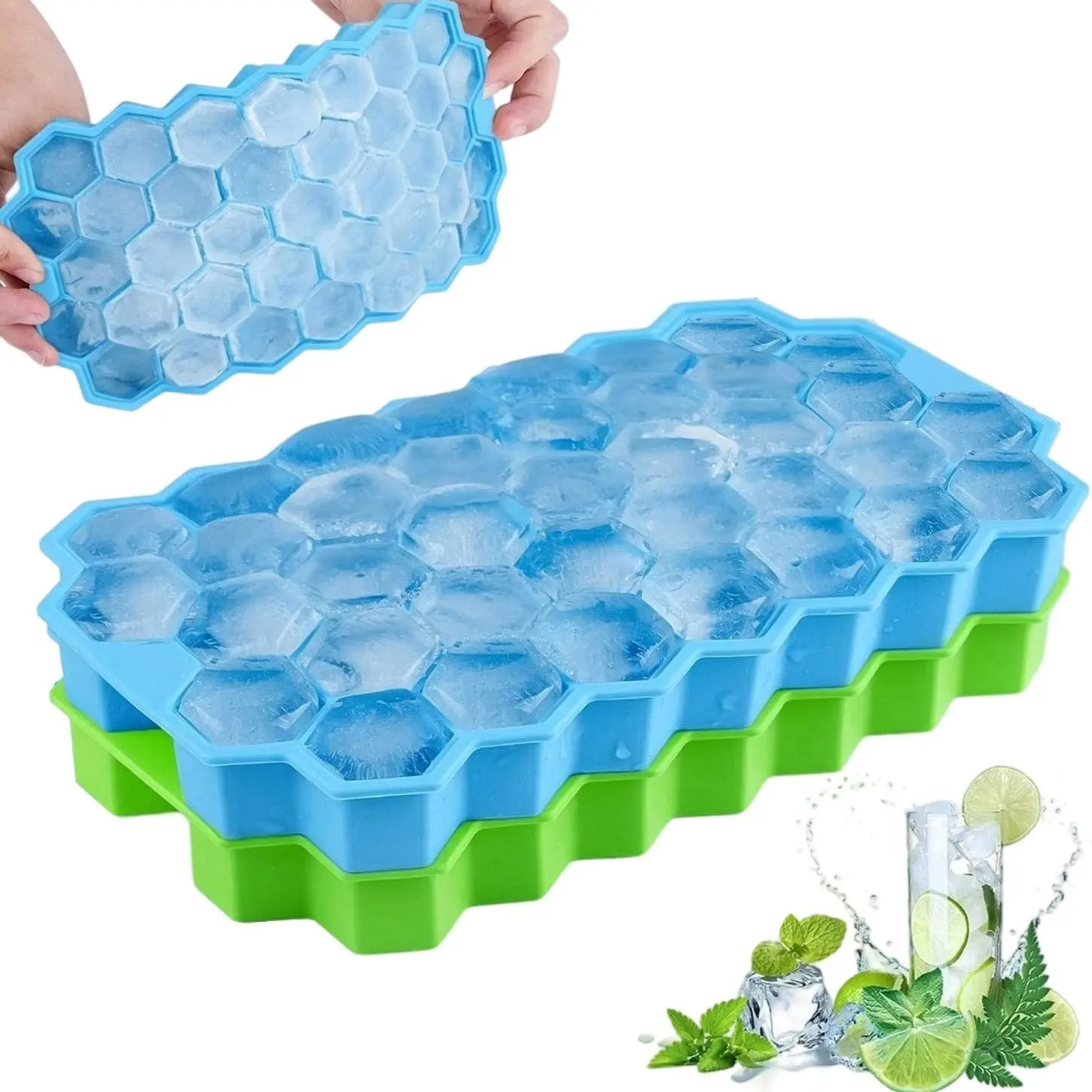 Silicone Honeycomb Ice Cube Tray with Lid, 37-Compartment Kitchen Freezer-Safe Long-Lasting Reusable Home Organizer for Coffee Lovers, Whiskey Enthusiasts, Blue & Multi-Color Options