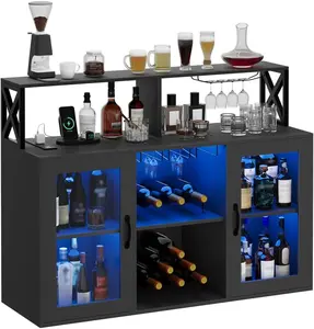 Gaomon Bar Liquor Cabinet with Power Outlets, LED Lights, Glass Holder Organizer, Storage Compartments and Racks for Home, Kitchen