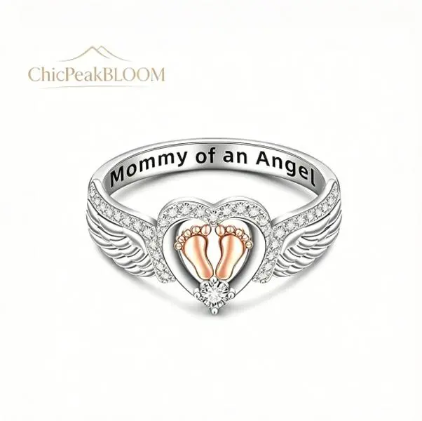 Sterling Silver Angel Wing Heart Band, Memorial Gifts for Moms with Footprints, Remembrance Jewelry, Sizes 6-10