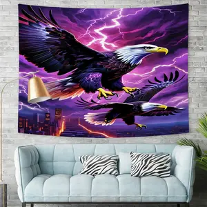 Dramatic Bald Eagles Stormy Night Cityscape Tapestry, Vibrant Digital Print Wall Hanging, Bold Aesthetic Home Decor, Perfect for Bedroom or Living Room Wall Art, Unique Nature-Inspired Wall Tapestry