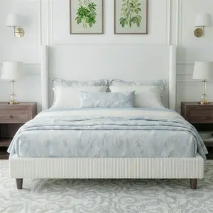 Queen Size 56" Tall Corduroy Upholstered Bed Frame, Modern Wingback Cloud Design with Velcro, Thickened Wood Slat Support, No Box Spring Required, Easy Assembly