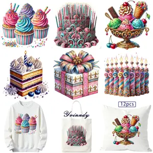 6-Piece New Year Party Cake Stickers DIY Washable Iron-on HTV Heat Transfer Vinyl for T-Shirt , High-Definition UV Digital Transfer with Realistic Printing Effect, Suitable for Bag and Pillow Decoration (Stickers Only, Excluding Garments)