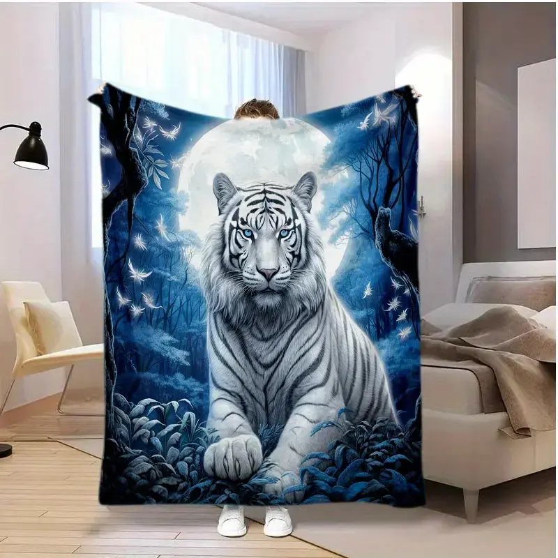 Moonlight Forest Tiger Flannel Blanket - All-season, perfect for sofas, beds, office naps, and outdoor adventures. A versatile blanket suitable for all seasons. | Moonlight Tiger Design | Ideal for gifting.