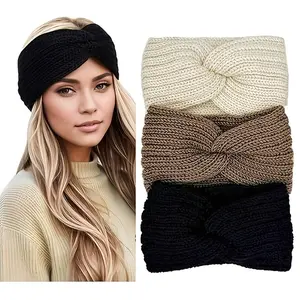 3PCS Women's Winter Wide Warm Headbands - Premium Knit Hair Accessories for Sports/Yoga | Thick Knit Cold Weather Band with Spandex, Elastic Headbands, Elegant Cross-Knit Design