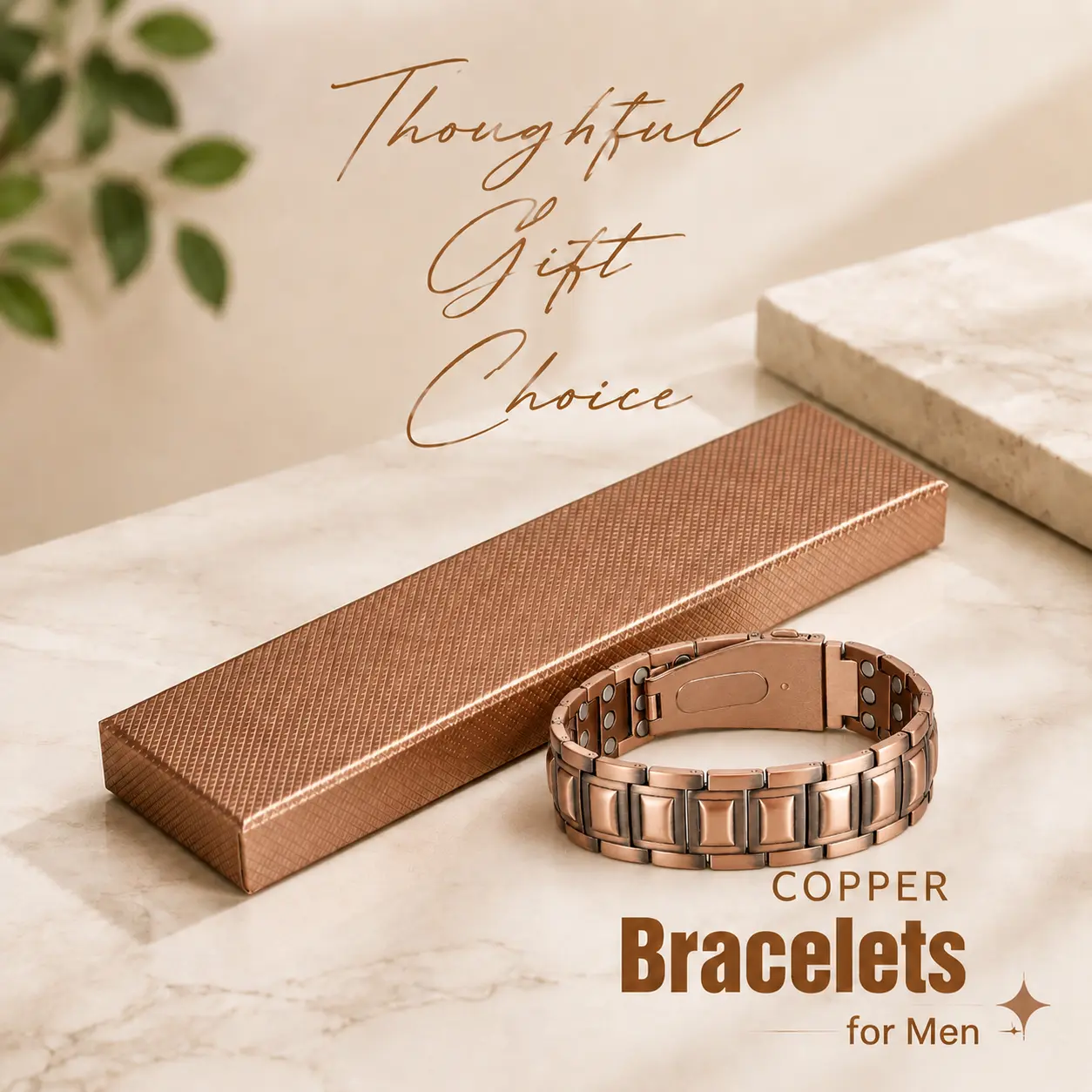 Men's 99.9% Pure Solid Copper Magnetic Therapy Bracelet - Geometric Metal Bangle for Evening Wear, Unique Folding Clasp, Sizing Tool & Gift Box, Pure Copper